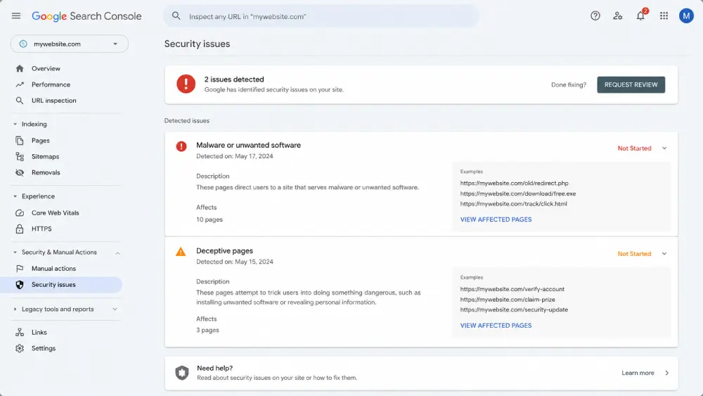 Search Console 的安全性問題報表會列出偵測到的惡意程式