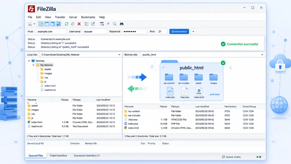 FileZilla 連線後左側為本機檔案、右側為主機的 public_html 目錄