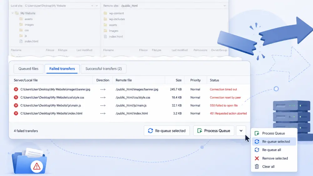 FileZilla 的失敗傳輸分頁可右鍵重新加入佇列重試