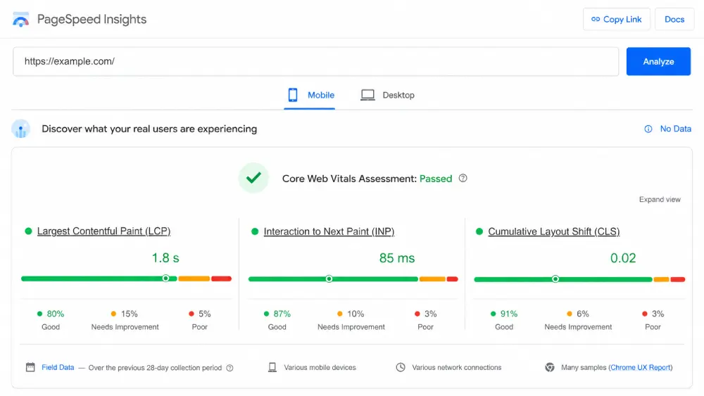 PageSpeed Insights 上方顯示 LCP、INP、CLS 三項指標的實際數值與通過狀態