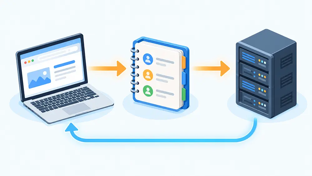瀏覽器透過 DNS 查詢 IP 位址後連到主機的流程示意圖